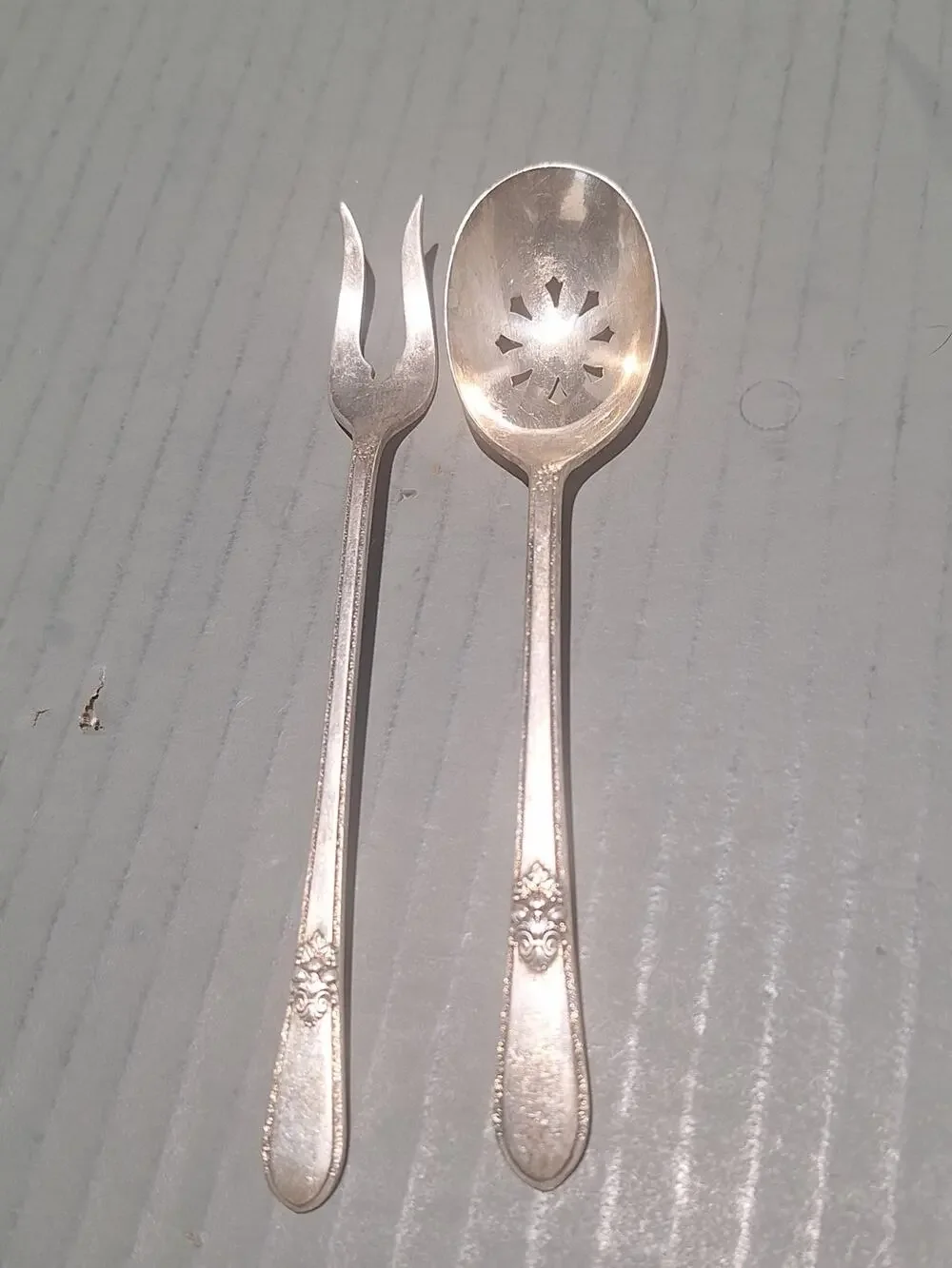 1847 Rogers Bros Adoration Silverplate Pickle Fork Pierced Serving Spoon Set